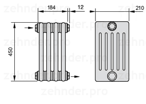 Схема (чертеж) Радиатор Zehnder Charleston 6045/4 №1670 Белый глянцевый RAL 9016